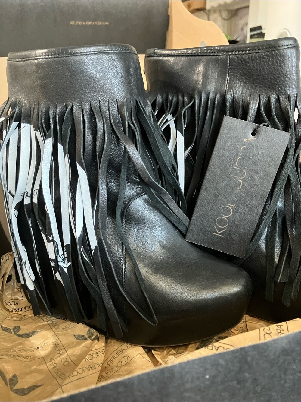 Koolaburra Black Leather Fringe Wedge Ankle Boots